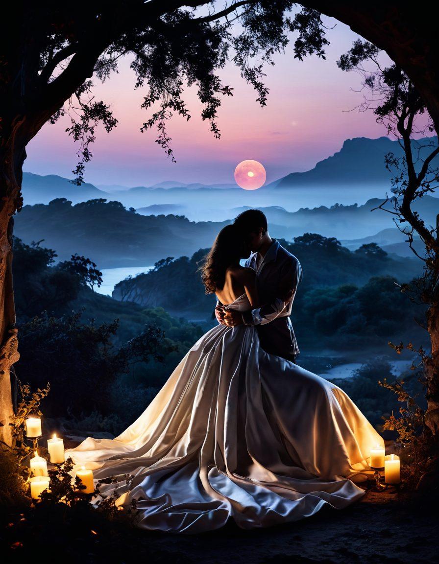 A captivating and sensual landscape that symbolizes adult eroticism, featuring entwined silhouettes against a backdrop of ethereal moonlight. Incorporate elements like luxurious fabrics, velvety textures, and soft candlelight to evoke intimacy. Include flowers subtly, representing desires, along with elements of mystery and intrigue, such as faint shadows or hidden paths. rich colors, soft focus, romantic atmosphere.