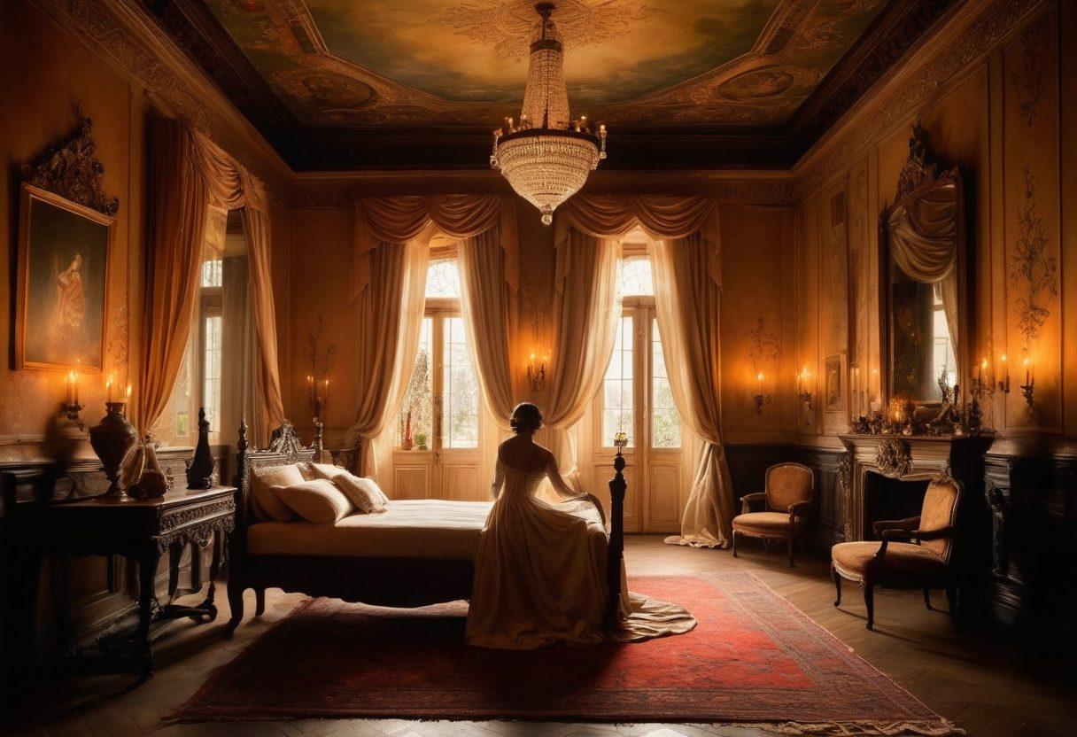 A mystical, dimly lit room filled with rich fabrics and intricate decor, showcasing silhouettes of entwined figures that embody allure and intimacy. Surrounding them are soft candlelight and delicate shadows creating a sensual atmosphere, highlighted by subtle hints of color that evoke desire. A blend of mythological elements weaves through the scene, suggesting a connection to the 'Deviant Realm'. dreamy and surreal, with a touch of renaissance art style.